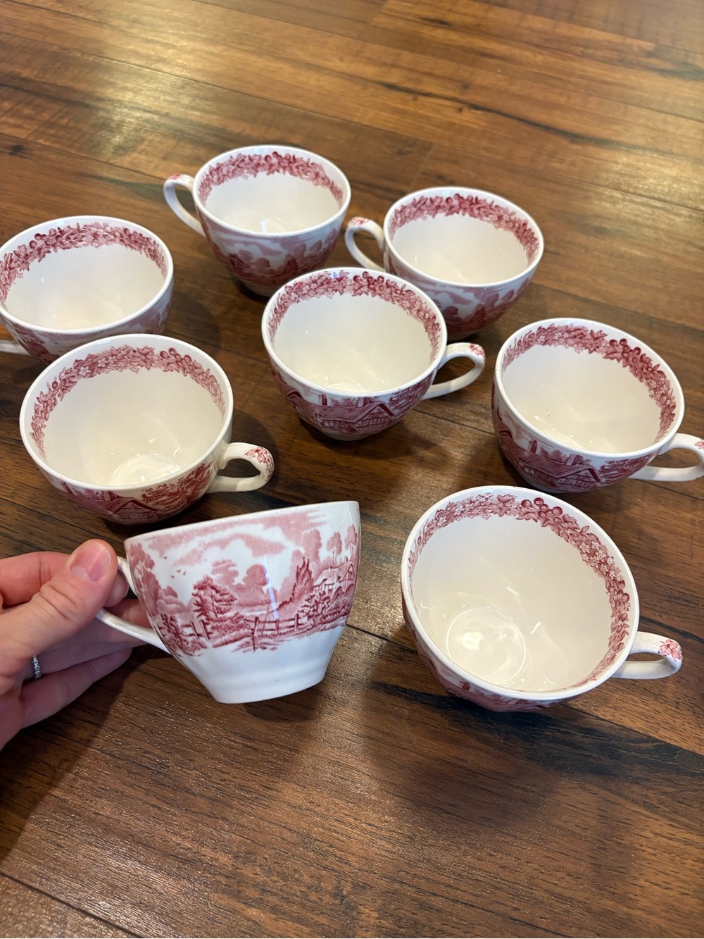 J&G Meakin Stamped Romantic England Red White Cottage Scene Teacups Set of 8